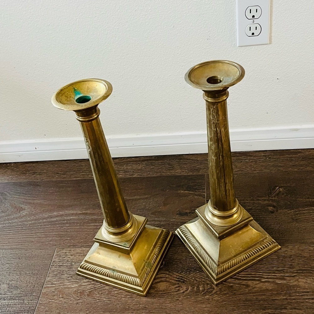 Antique Brass Candlestick Holders Set of 2 - Picture 12 of 13